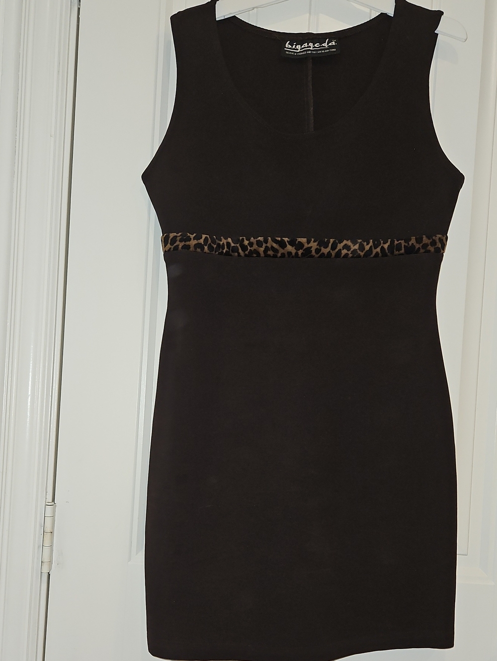 Dark Brown Sleeveless Sheath Dress with Leopard Waist Trim